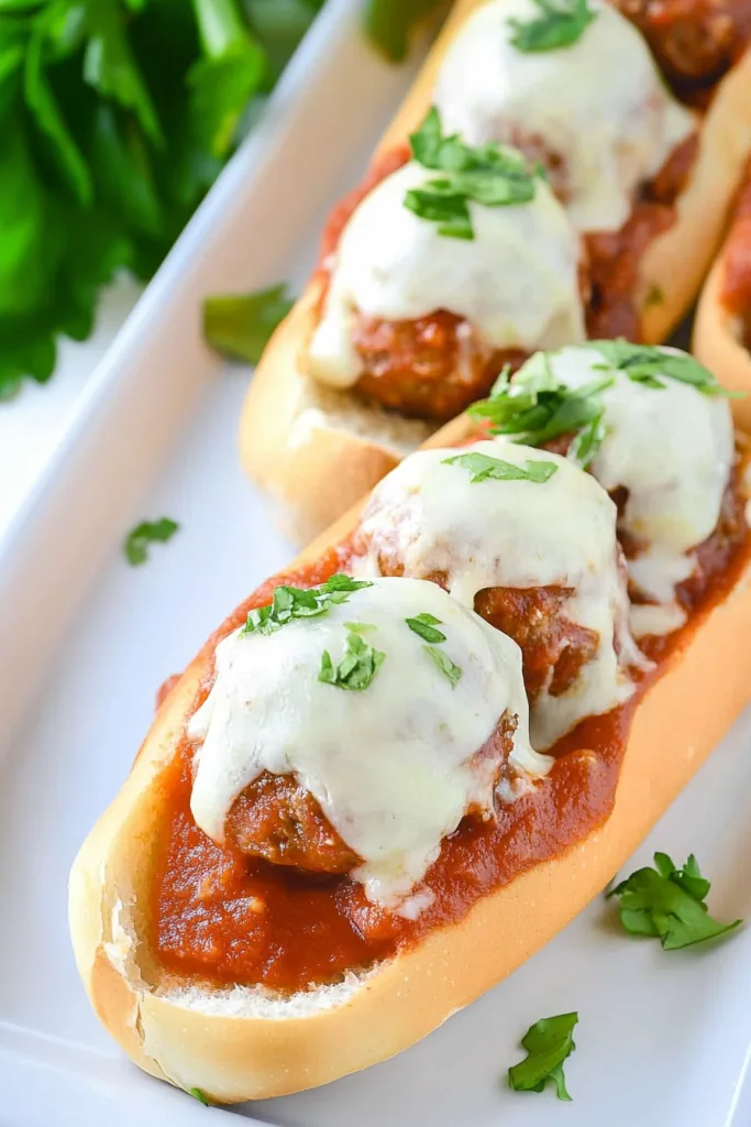 Garnished meatball sandwich highlighting color contrast of sauce, cheese, and herbs.