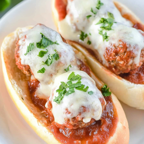 White plate holding a sub sandwich with rich red sauce and creamy mozzarella.