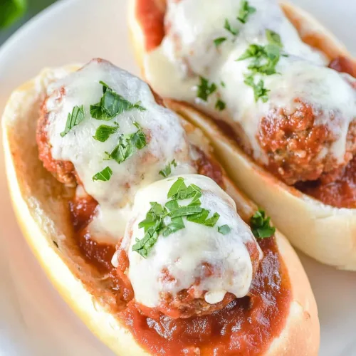 White plate holding a sub sandwich with rich red sauce and creamy mozzarella.