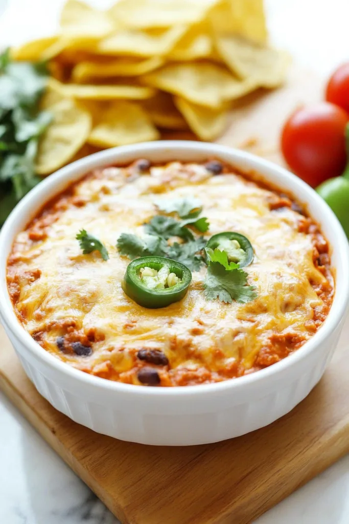 Dip served in a bowl with tortilla chips in the background for scooping.