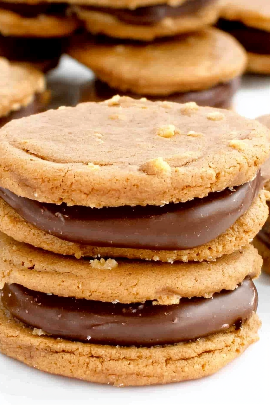 Freshly baked sandwich treats with melted chocolate filling and sweet cookie layers stacked together