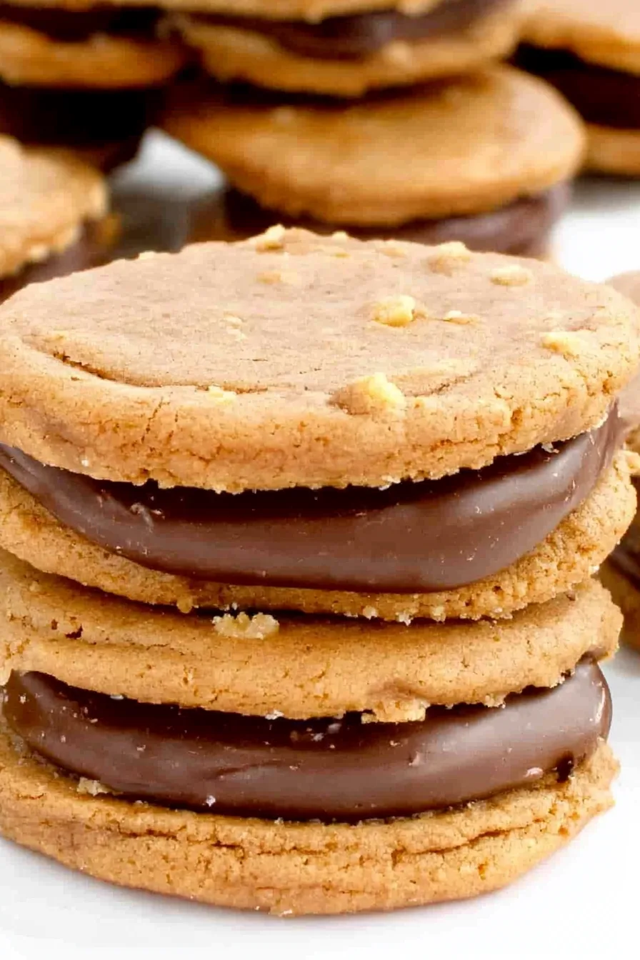 Freshly baked sandwich treats with melted chocolate filling and sweet cookie layers stacked together