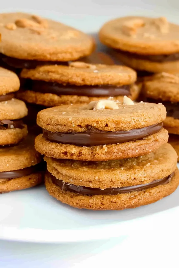 Homemade peanut butter sandwich cookies layered with smooth milk chocolate filling and baked until golden