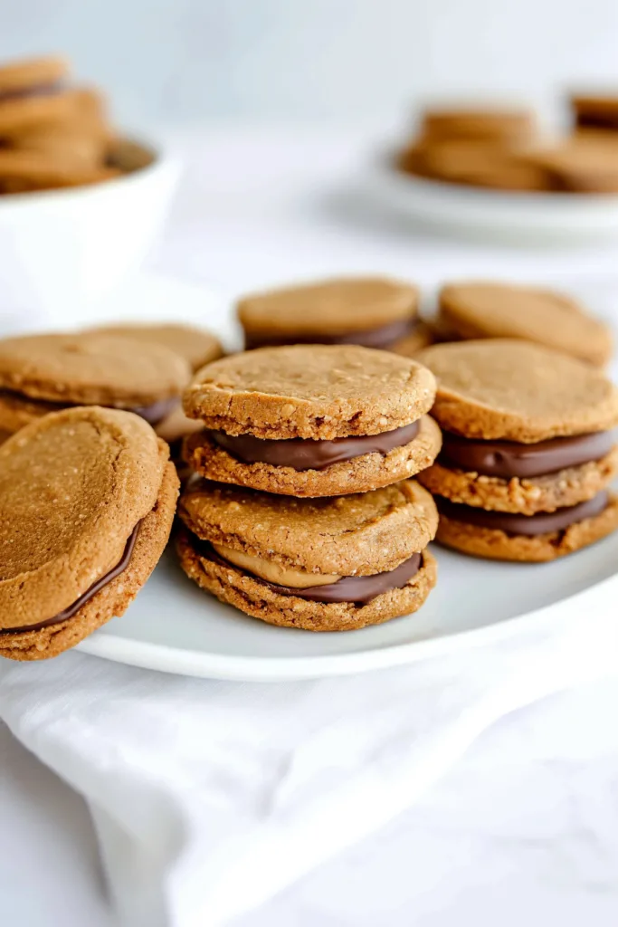 Soft sandwich cookies filled with creamy chocolate spread and topped with chocolate candy pieces