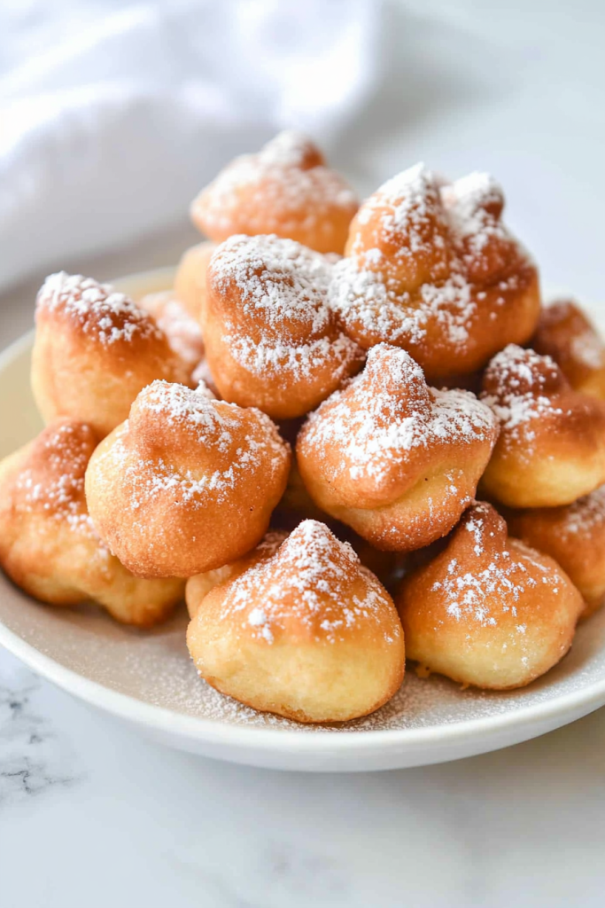 Golden-brown fried pastries dusted with powdered sugar on a plate.