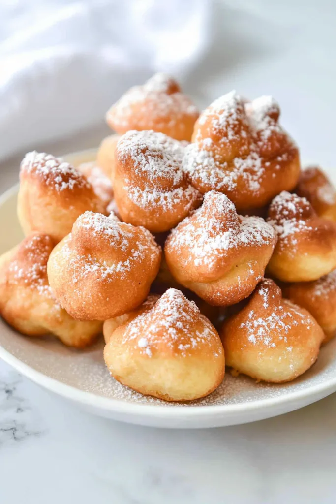 Golden-brown fried pastries dusted with powdered sugar on a plate.