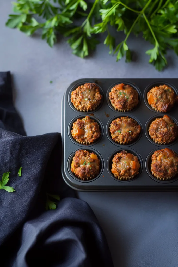 Savory baked beef muffins topped with melted cheese in a muffin pan ๐ง