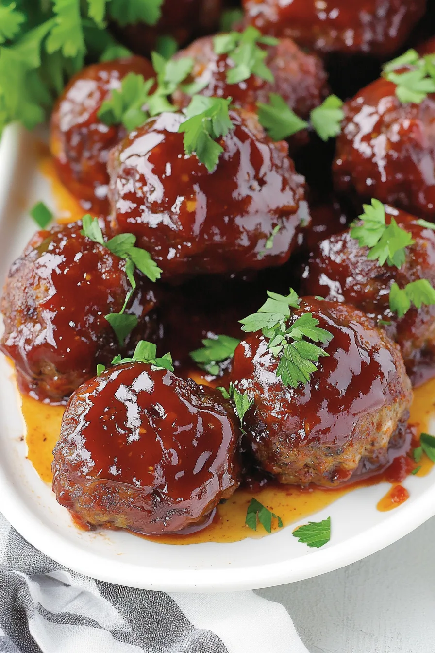 Glazed meatballs stacked on a white plate, topped with fresh parsley leaves.