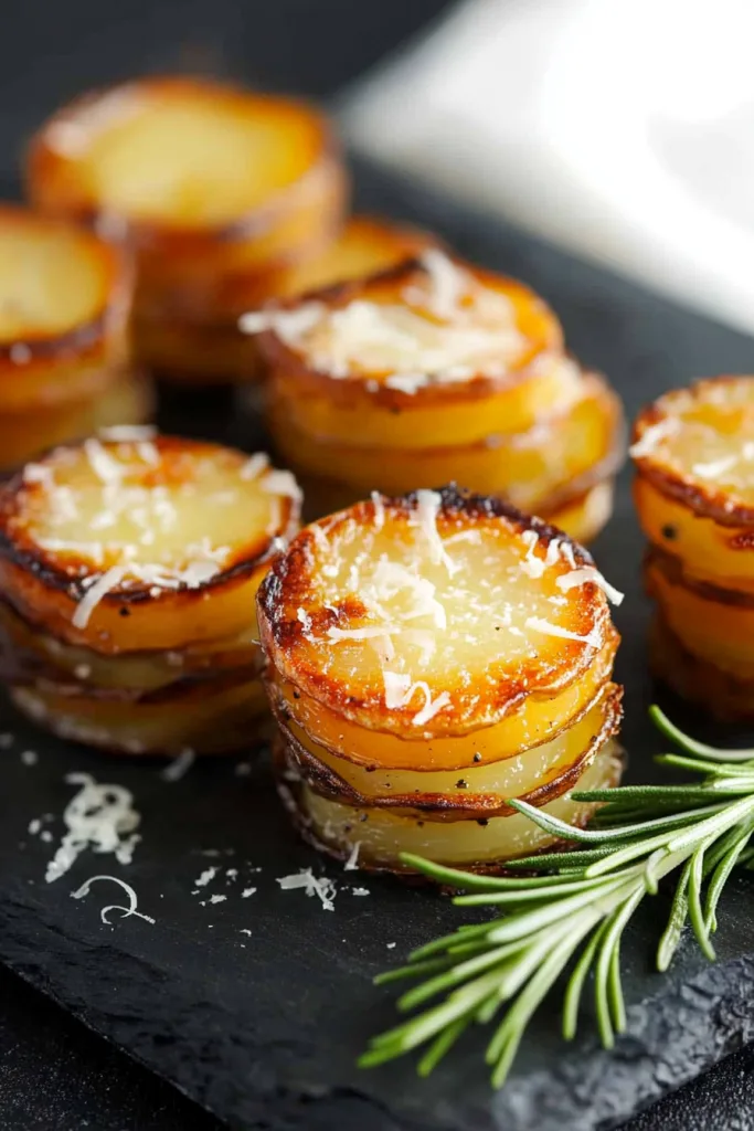 Stacks of thinly sliced roasted potatoes with golden-brown edges and melted cheese topping.
