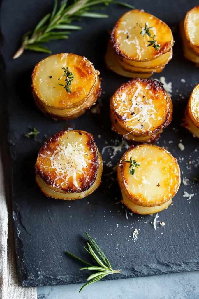 Elegant serving of layered roasted potatoes showcasing crisp texture and cheesy finish.