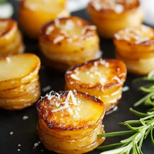 Final plated muffin tin potatoes garnished with fresh rosemary for color contrast.