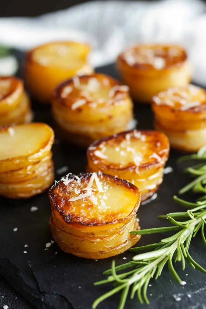 Final plated muffin tin potatoes garnished with fresh rosemary for color contrast.