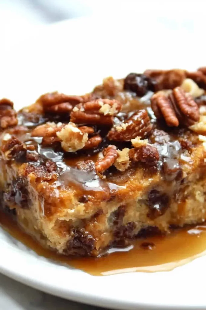 Indulgent bread pudding presentation with pecans and caramel sauce for a homemade look.