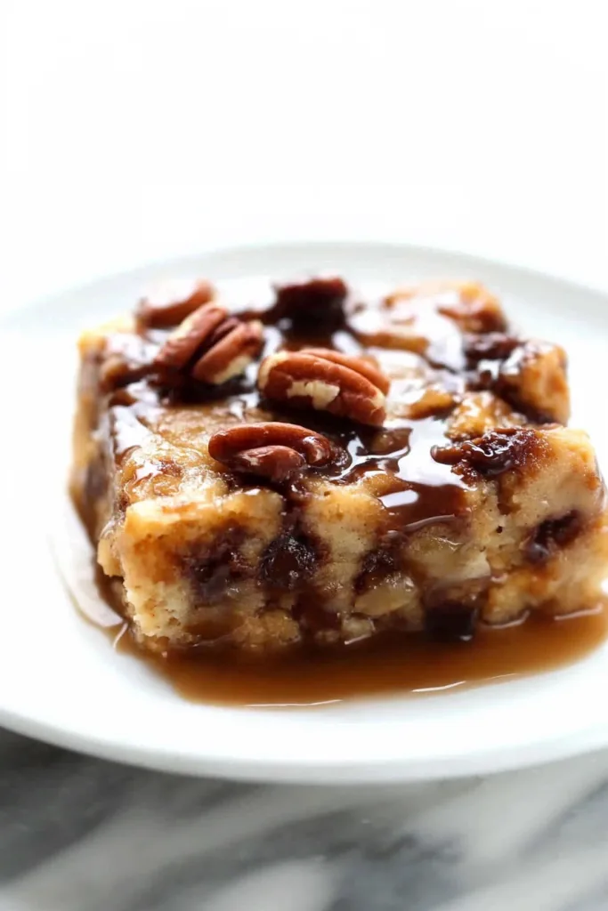 Bread pudding served on a white plate with syrup pooling around the edges.