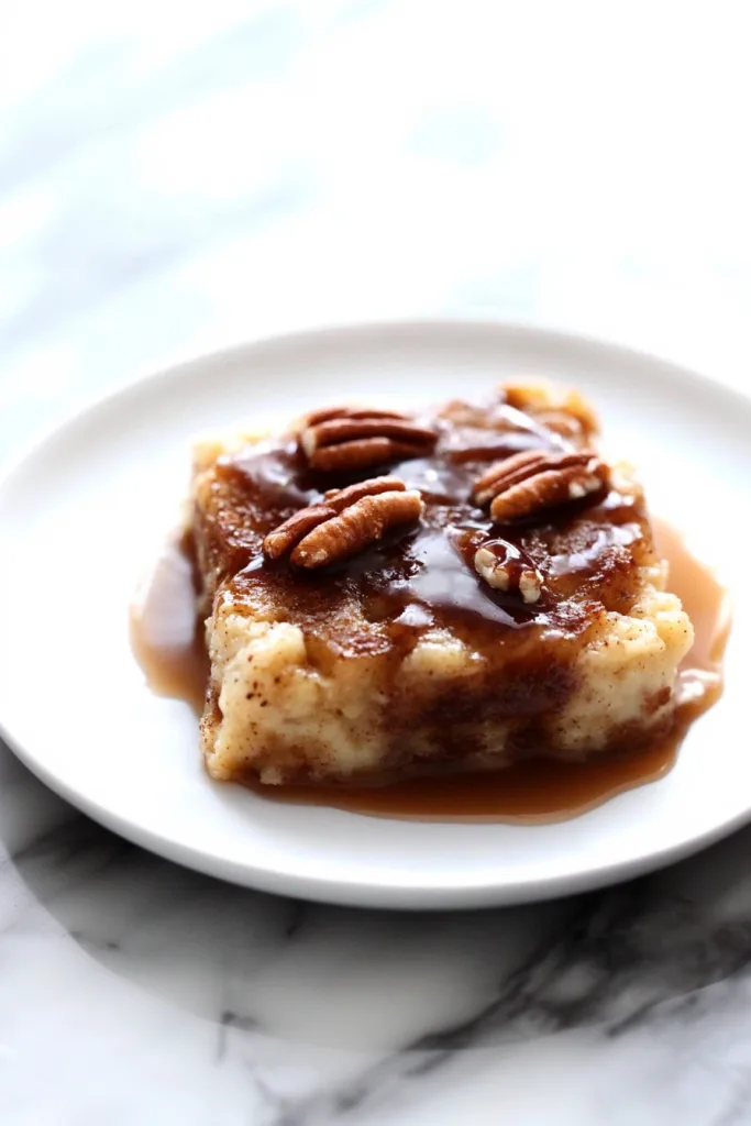 Slice of rich baked dessert highlighting its dense texture and nutty topping.