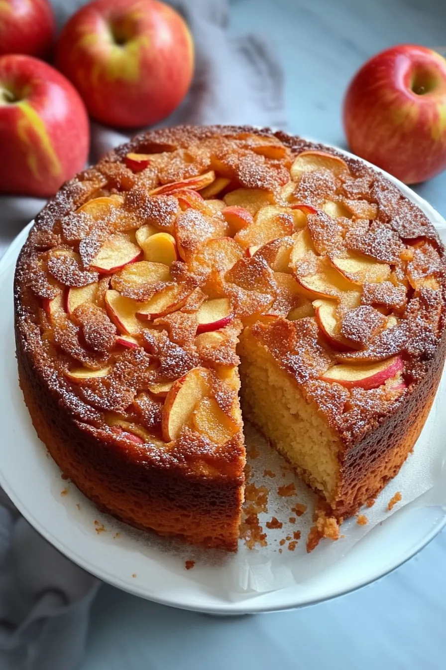 Rustic dessert presentation with fresh apples in the background.