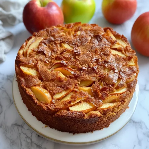 Golden-brown cake topped with thin apple slices and a light sugar dusting.