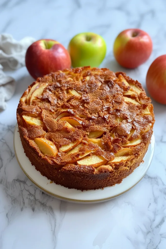 Golden-brown cake topped with thin apple slices and a light sugar dusting.