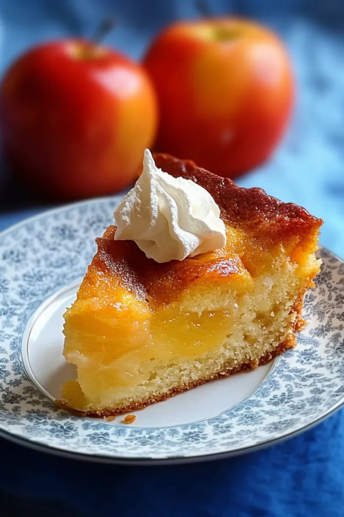 Warm apple dessert plated simply, showing texture contrast between topping and filling.