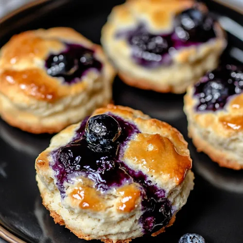 Rustic serving plate with warm biscuits topped with blueberries and shiny glaze.