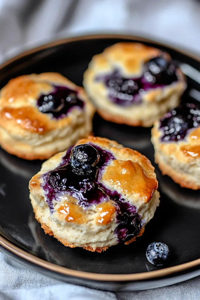 Rustic serving plate with warm biscuits topped with blueberries and shiny glaze.