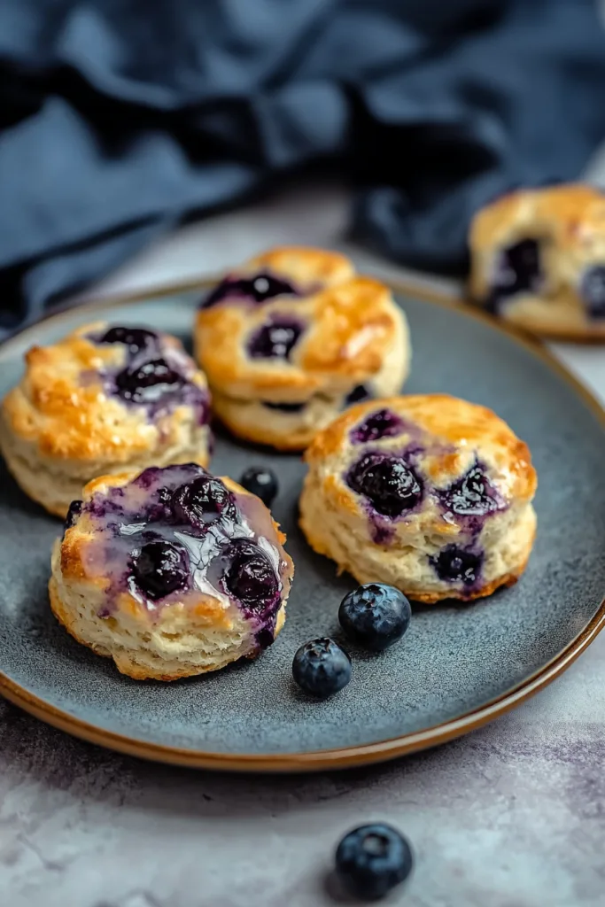 Golden biscuits with glossy blueberry glaze, stacked neatly on a dark plate.