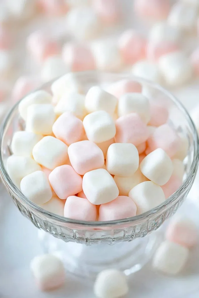 Glass bowl filled with pastel marshmallowโlike mints, scattered across a white surface.