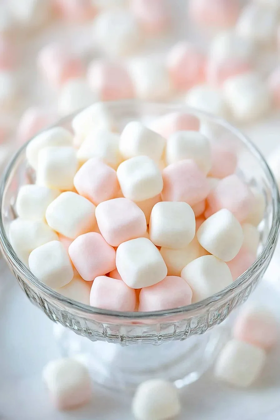 Glass bowl filled with pastel marshmallowโlike mints, scattered across a white surface.