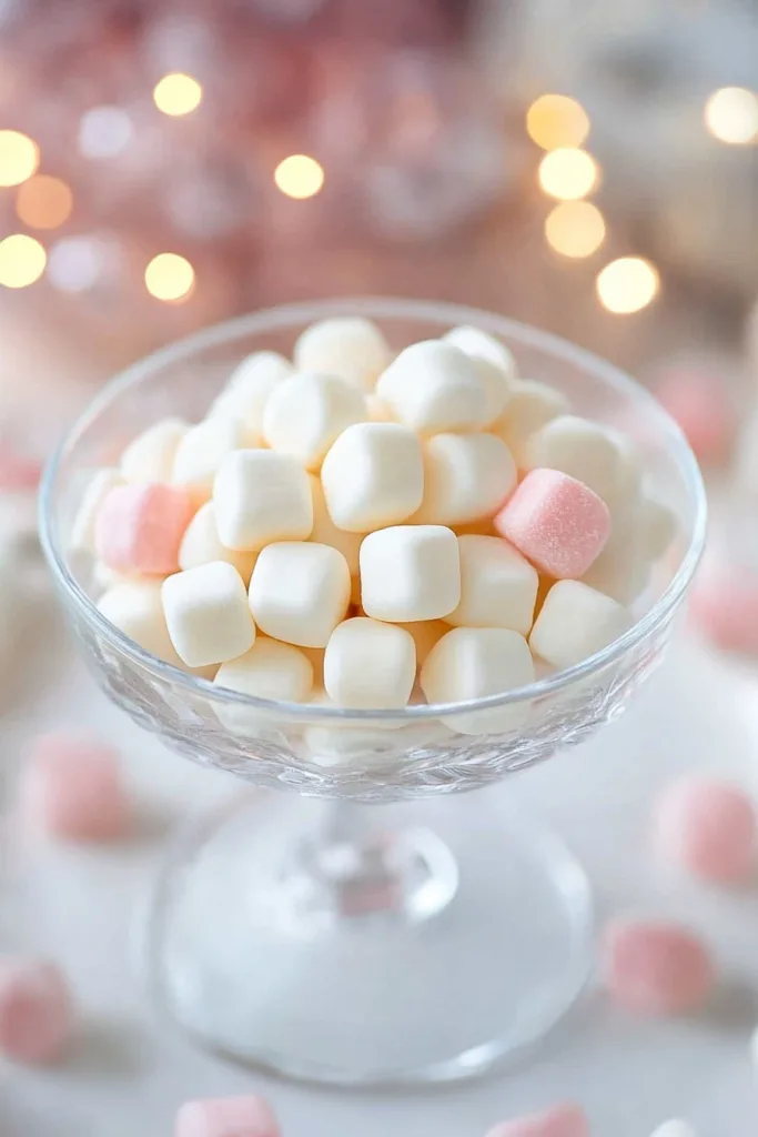 Soft cubeโshaped butter mints in pink and white, arranged in a clear dish.