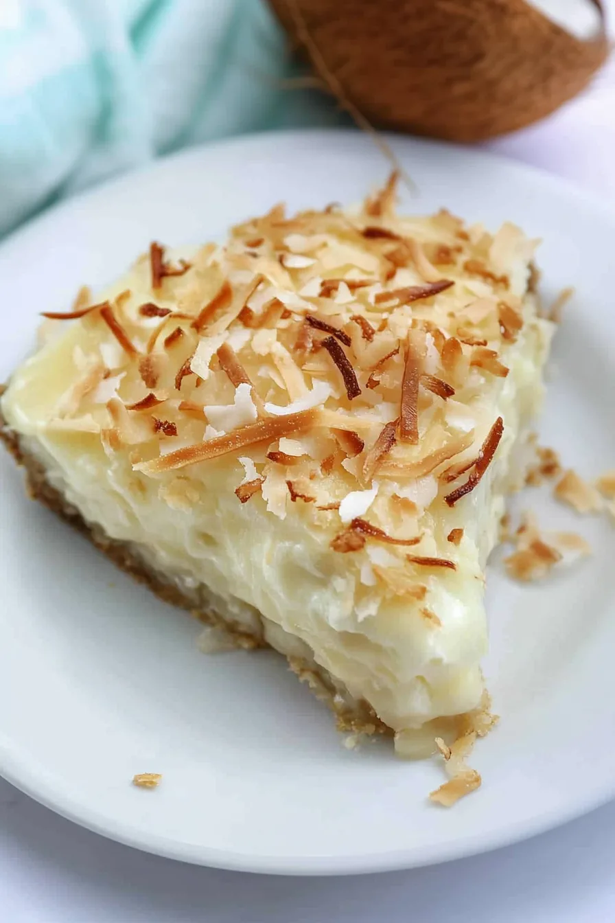 Rustic pie slice with toasted garnish, placed beside a coconut shell for atmosphere.