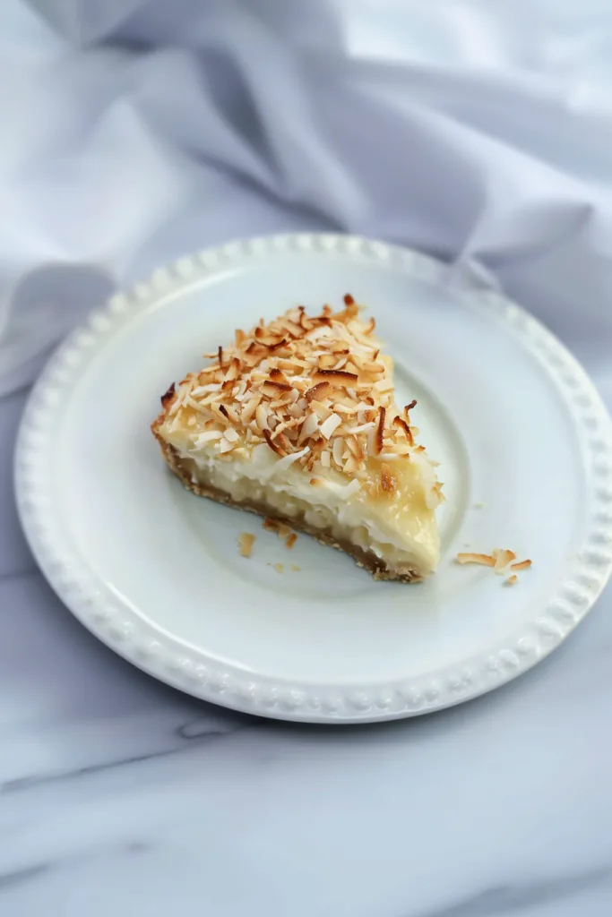 Freshly served pie slice with a graham cracker base and fluffy cream layer.
