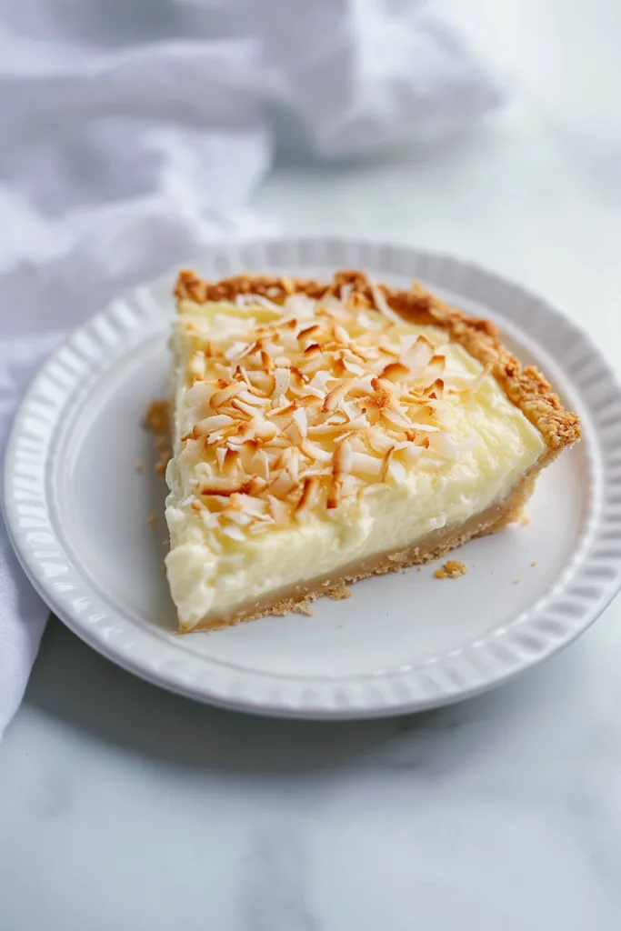 Slice of creamy pie topped with golden toasted coconut flakes on a white plate.