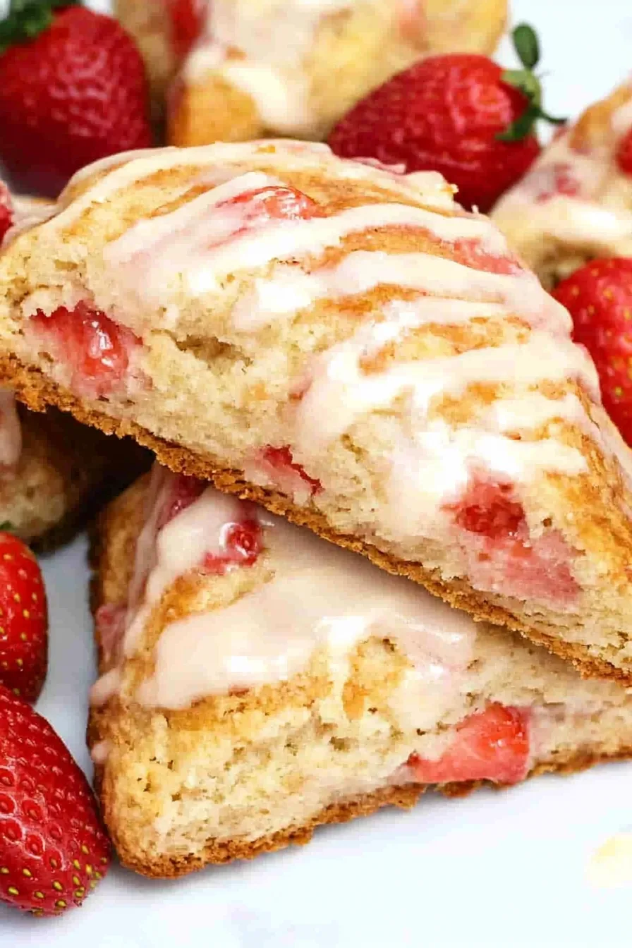 Final shot of baked scones highlighting golden edges, strawberry chunks, and glaze drizzle.