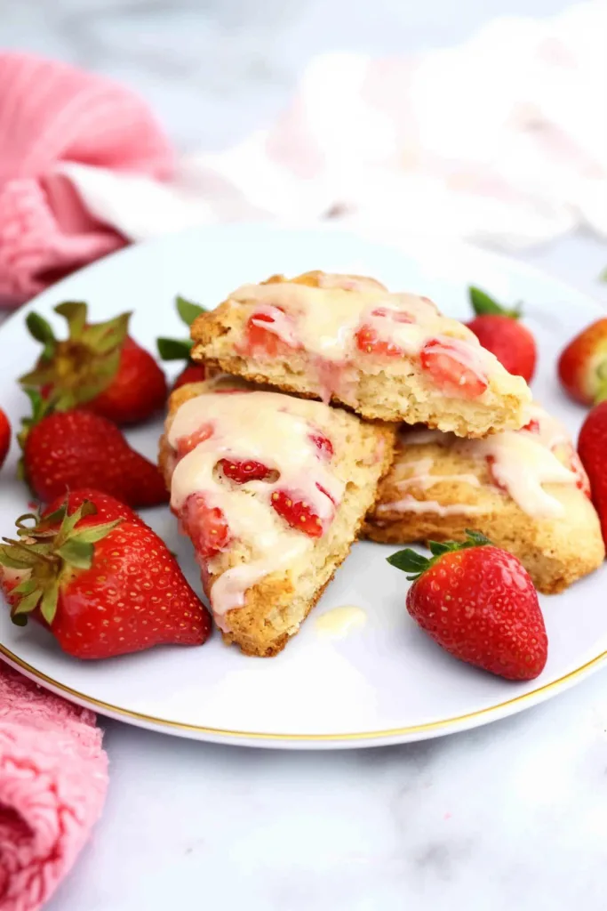 Plate of crumbly scones topped with sweet orange glaze and whole strawberries.