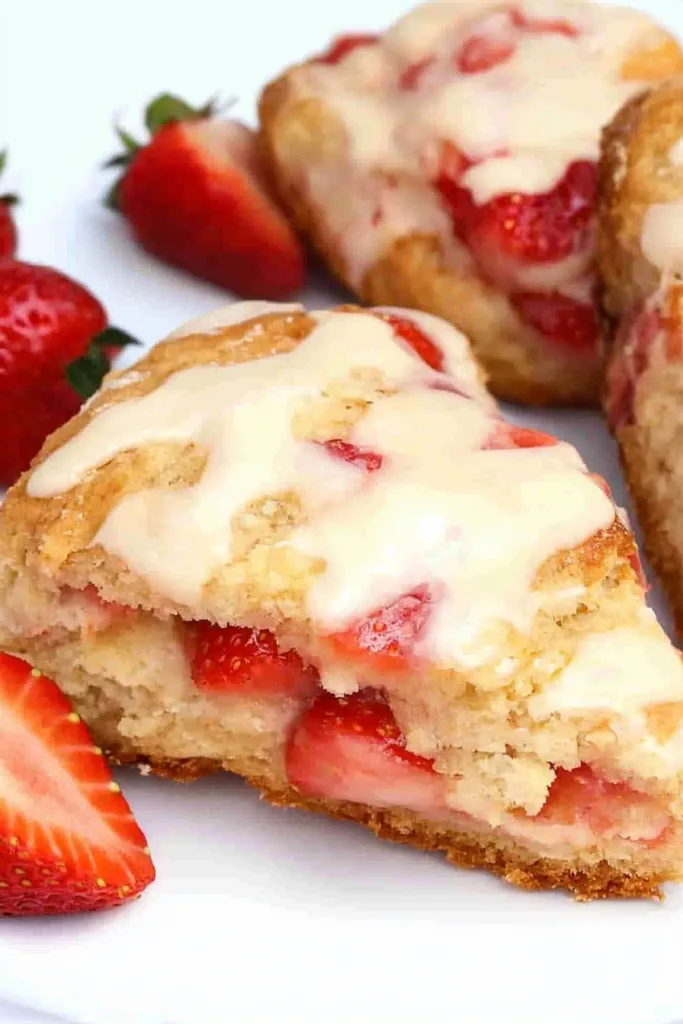 Rustic presentation of strawberry scones with shiny glaze and fruit garnish.
