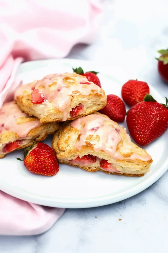 Golden triangular scones drizzled with citrus glaze and dotted with strawberries.