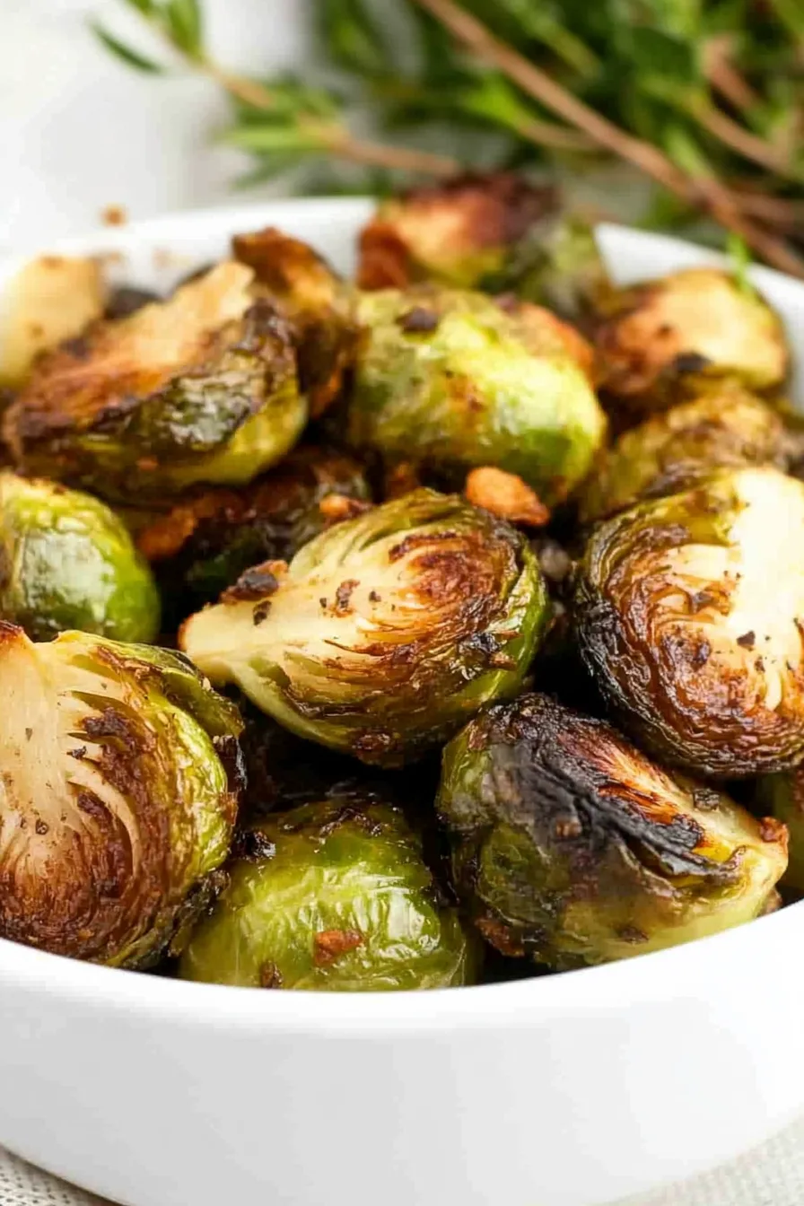 Final shot of garlic Brussels sprouts showing crisp, roasted finish.