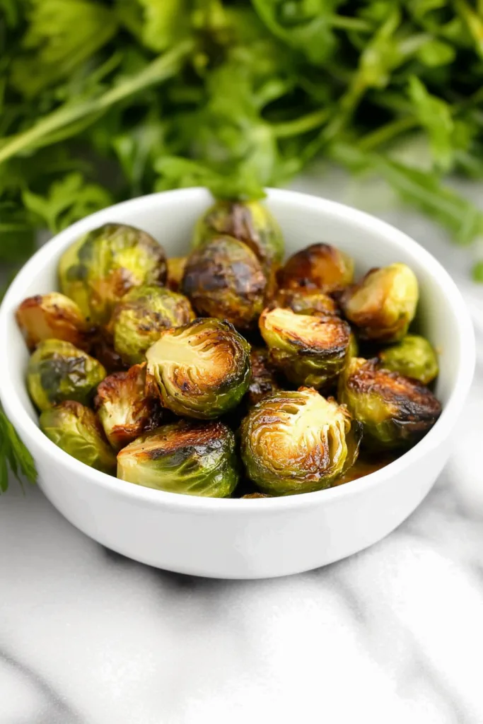 Bowl of crispy Brussels sprouts sprinkled with garlic and fresh rosemary.
