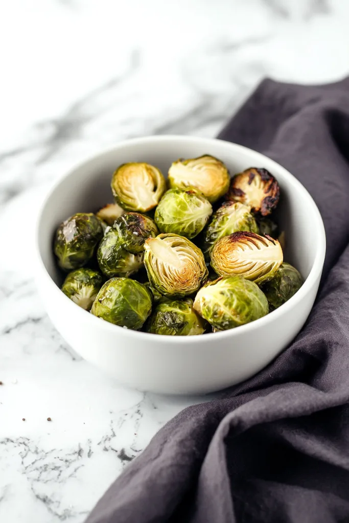 Golden-brown Brussels sprouts with charred edges and garlic seasoning.