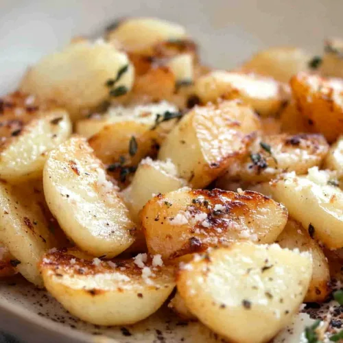 Rustic serving of ovenโbrowned turnips finished with a dusting of cheese.