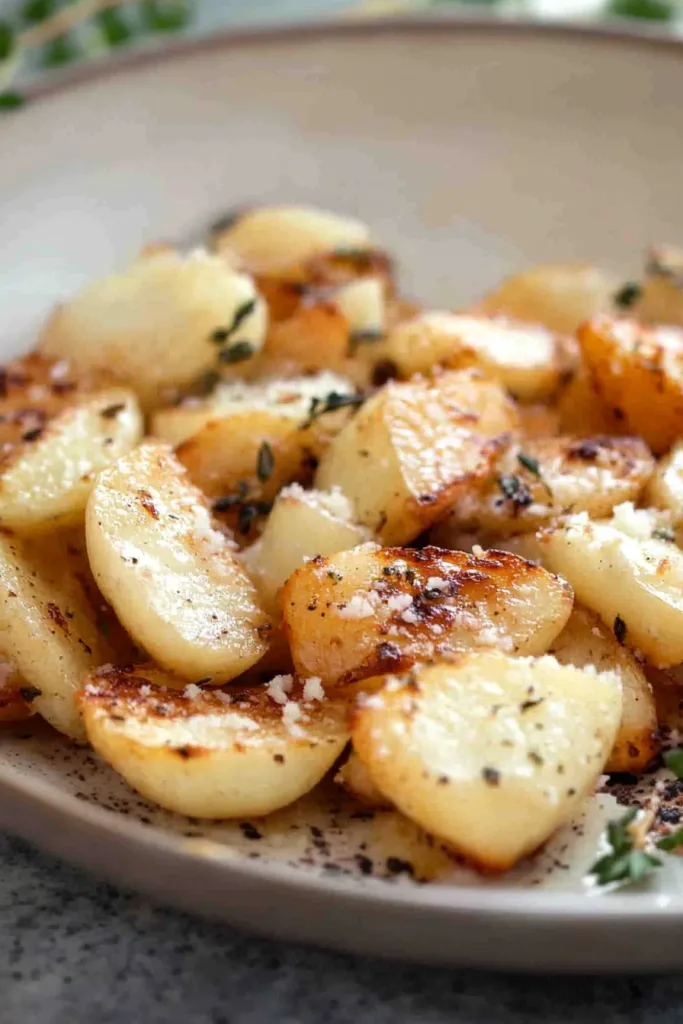 Rustic serving of ovenโbrowned turnips finished with a dusting of cheese.
