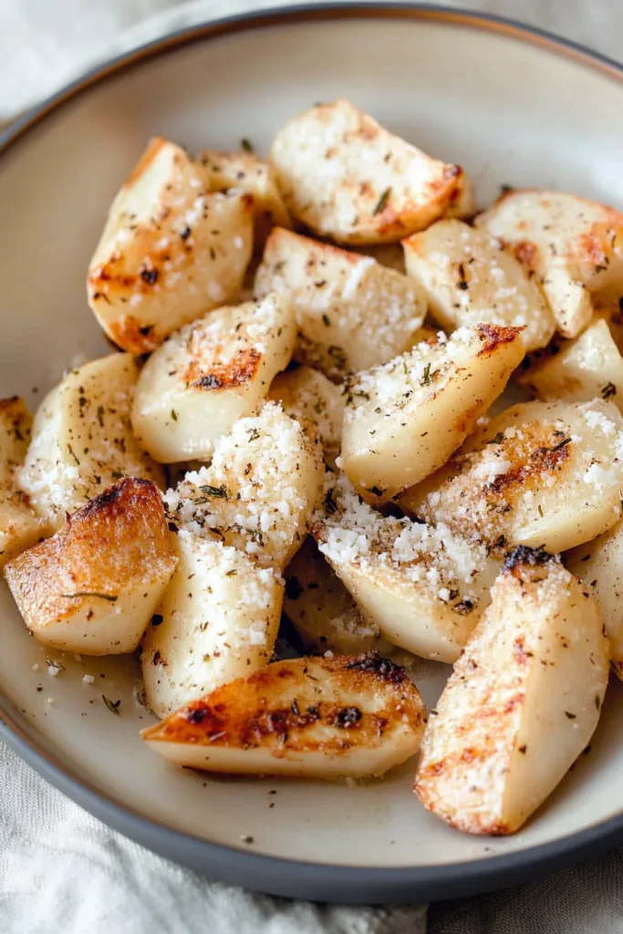 Closeโup of crispy turnip rounds topped with melted parmesan and thyme leaves.