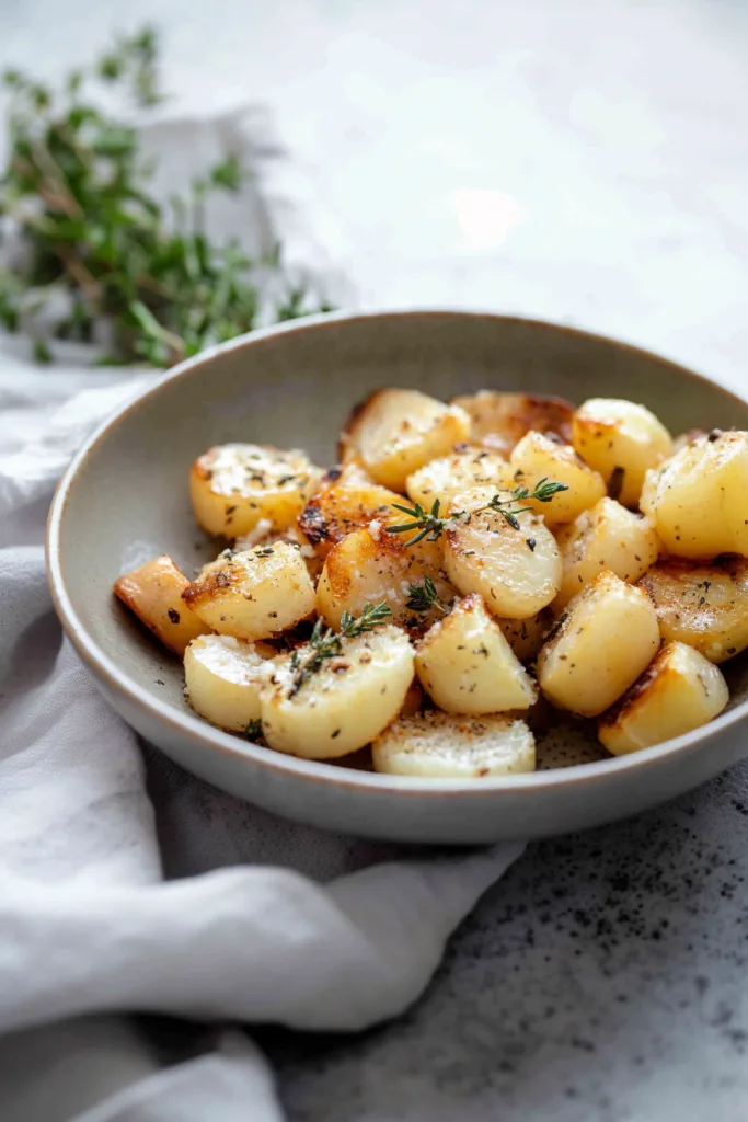 Lightโcolored plate filled with roasted root vegetables, garnished simply with herbs.
