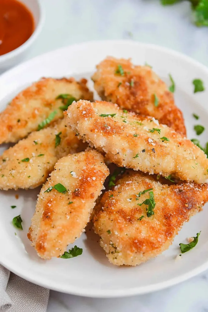 Plate of bite-sized chicken cutlets with coarse salt and parsley garnish.