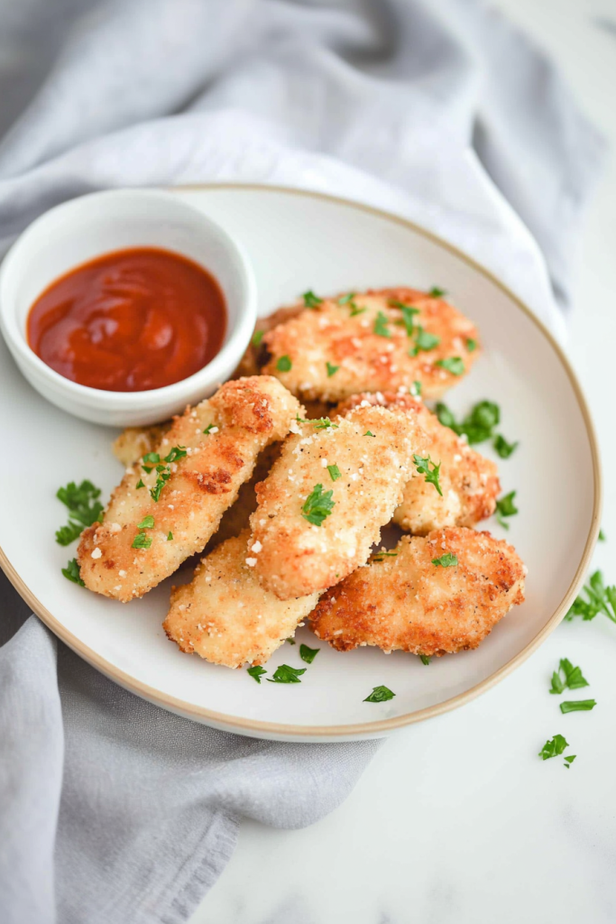 Crispy chicken tenders served alongside a bowl of dipping sauce.