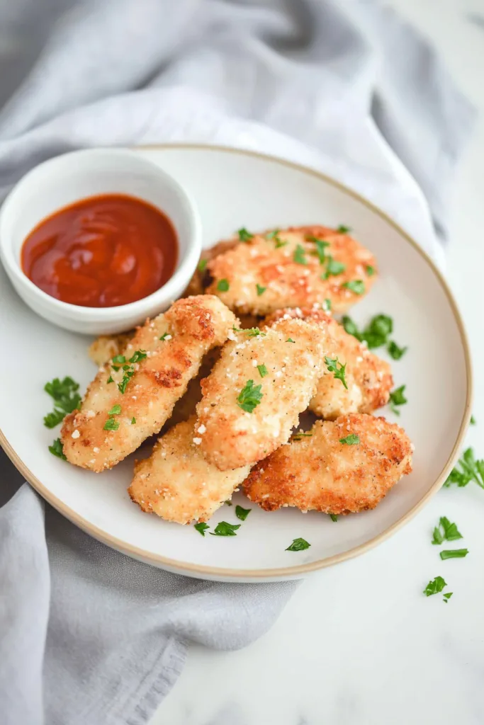 Crispy chicken tenders served alongside a bowl of dipping sauce.