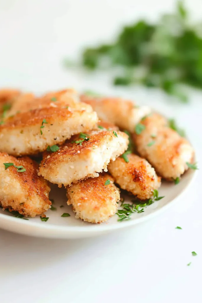 Golden-brown chicken pieces sprinkled with fresh herbs on a white plate.