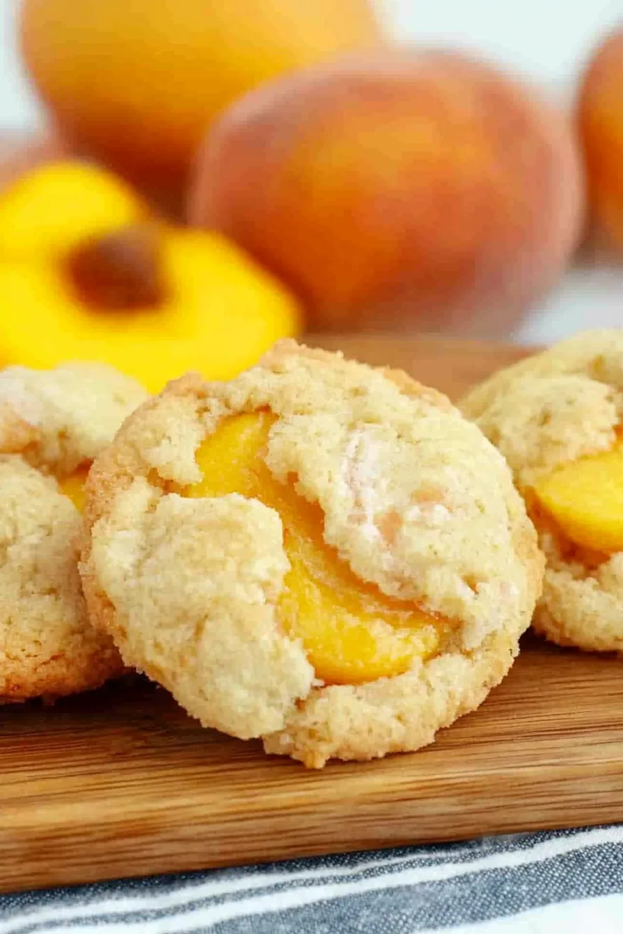 Rustic wooden surface with peach cookies and whole peaches in the background.