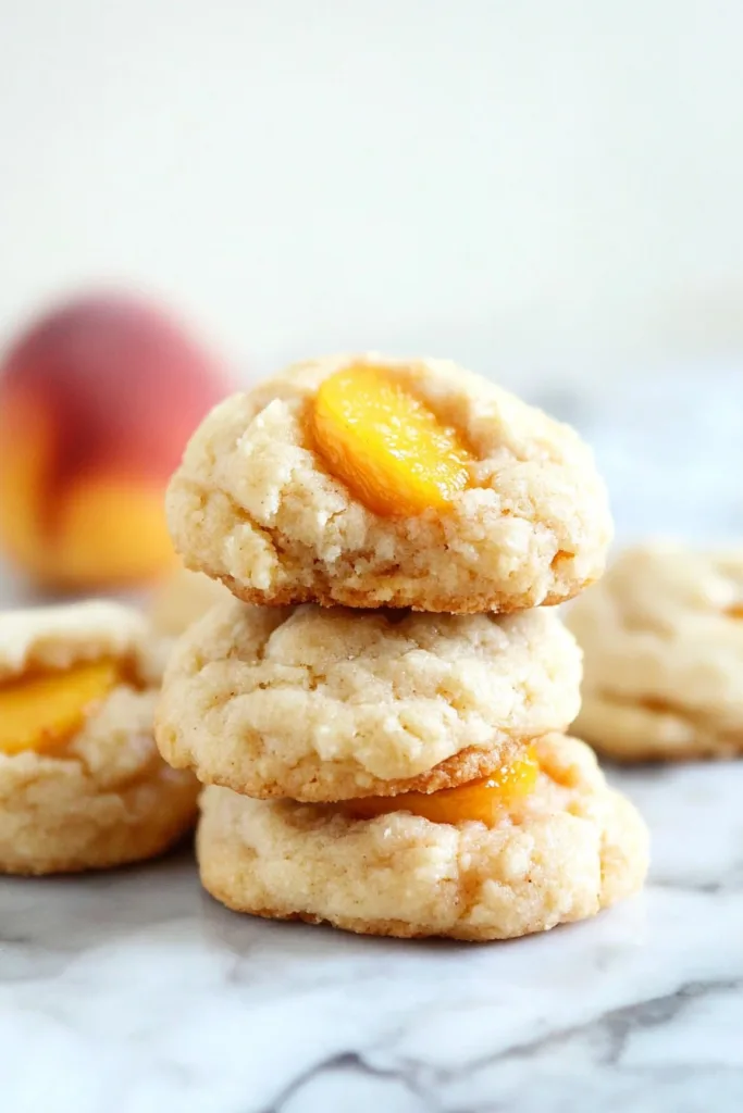 Golden-brown cookies with fresh peach slices baked into the dough.