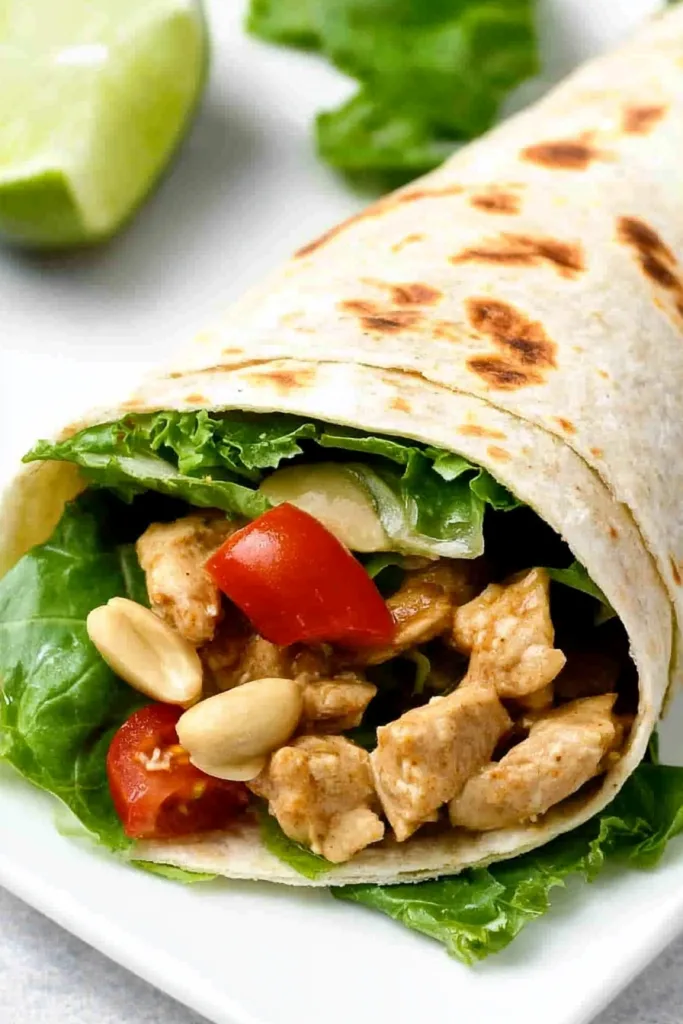 Close-up of a tortilla wrap filled with chicken, lettuce, and colorful vegetables.